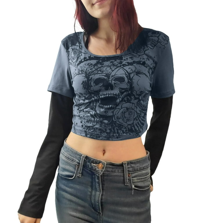 Cyber y2k Tops Women Grunge Aesthetic Clothes Skull Print Graphic T Shirts  Punk Gothic Clothing (E1-Blue, S) at  Women's Clothing store