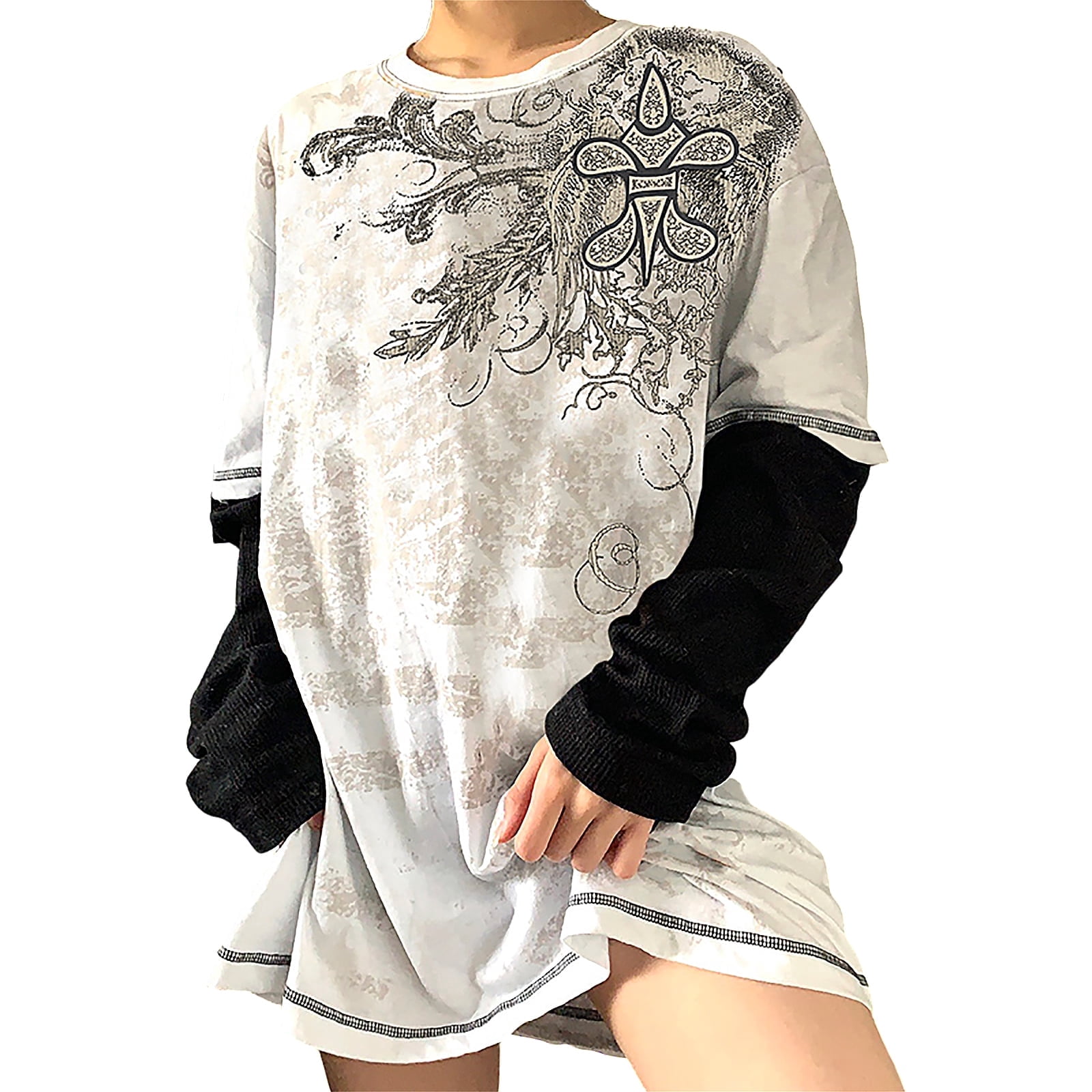 Aunavey Women Gothic T-Shirts Harajuku Fake Two-Piece Alternative ...