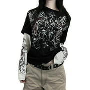 AUNAVEY Women Gothic T-Shirts Harajuku Fake Two-Piece Alternative Clothing Goth Long Sleeve Top Grunge Clothes