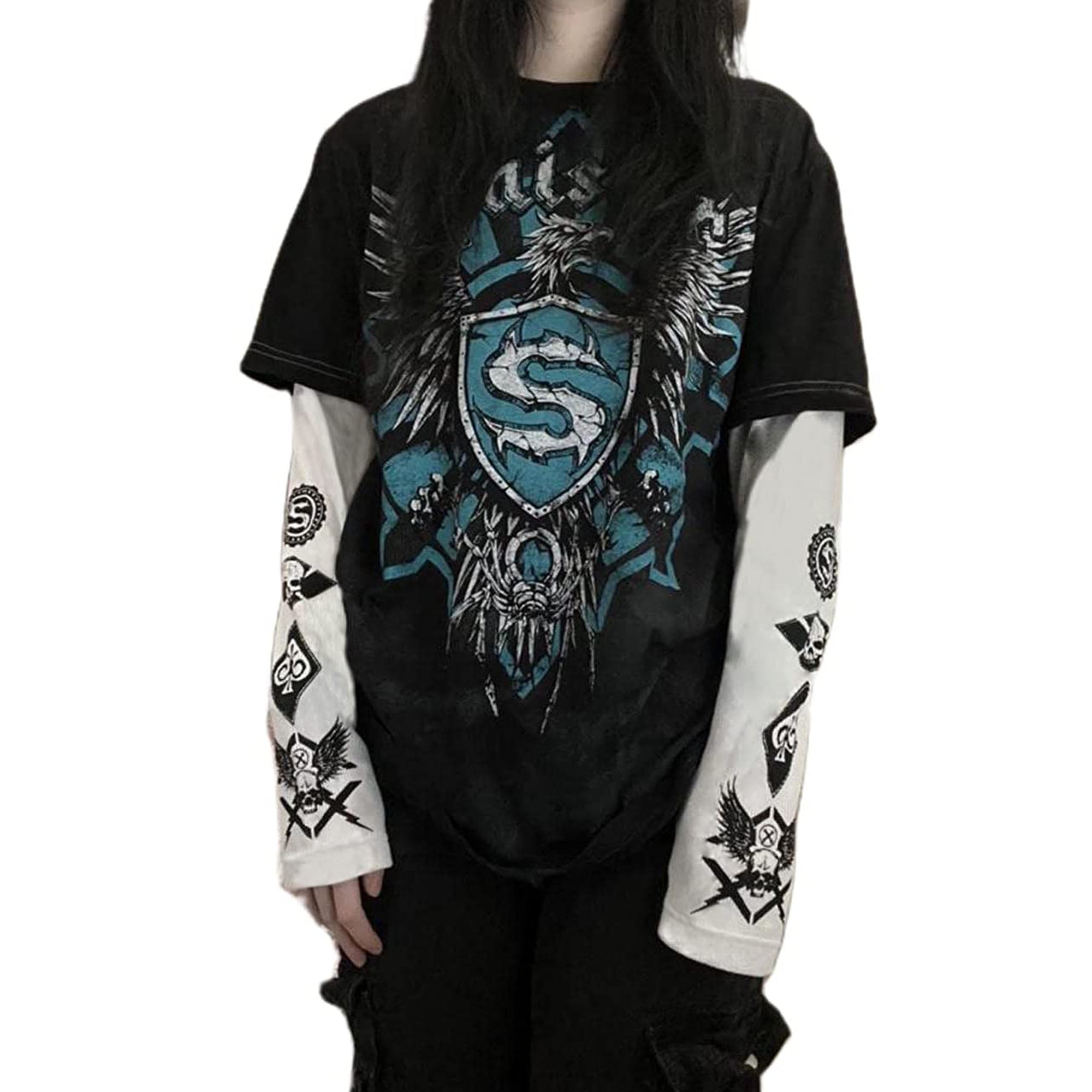 Aunavey Women Gothic T-Shirts Harajuku Fake Two-Piece Alternative Clothing  Goth Long Sleeve Top Grunge Clothes