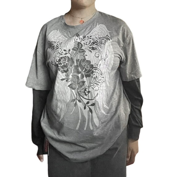 Aunavey Women Gothic T-Shirts Harajuku Fake Two-Piece Alternative Clothing Goth Long Sleeve Top Grunge Clothes