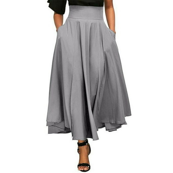 Aunavey Women High Waist Pleated Pockets Swing Long Skirts