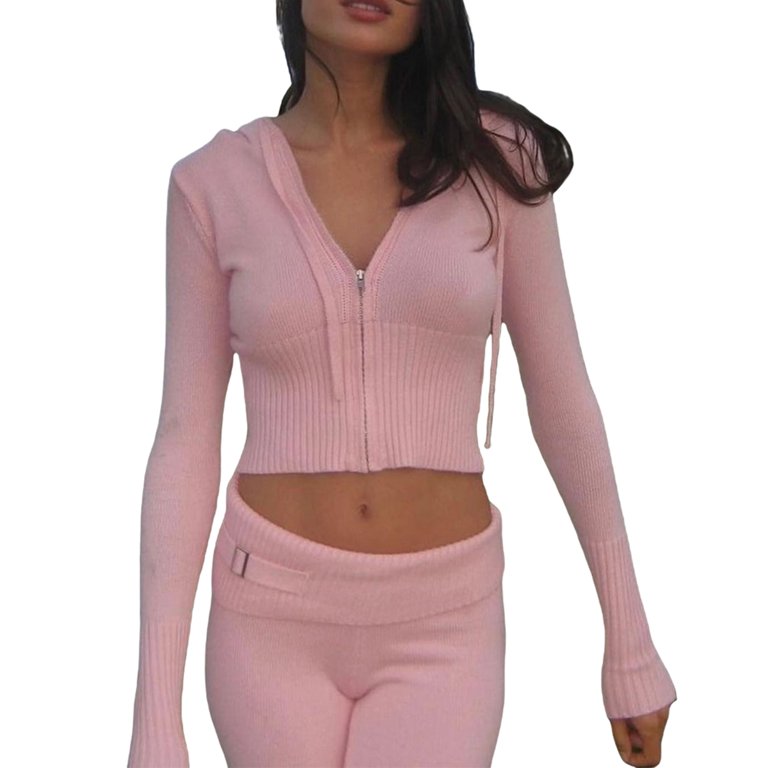 Aunavey Women Knit 2 Piece Outfits Y2k Hooded Zip Sweater Crop Tops Flared  Skinny Pants Tracksuit Sets Loungewear