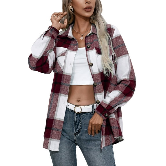 Aunavey Women Long Sleeve Flannel Plaid Shirts Casual Button Down Shirt Jacket Cardigan