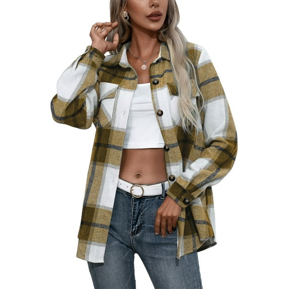 Aunavey Women Long Sleeve Flannel Plaid Shirts Casual Button Down Shirt Jacket Cardigan
