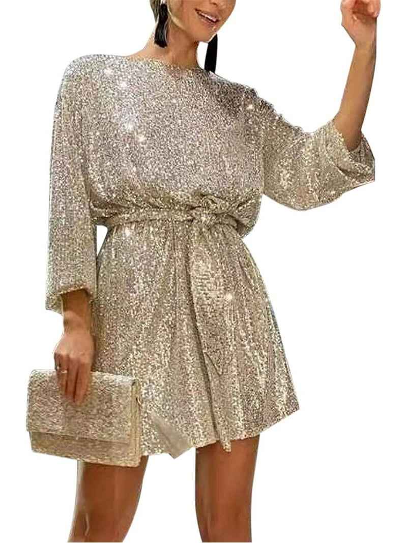 Aunavey Women Long Sleeve Sequins Glitter Dress Party Sparkle