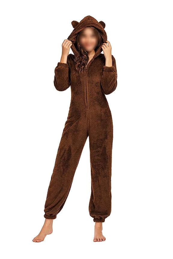 Women One Piece Fleece Pajamas Jumpsuit Cartoon Bear Hooded Fuzzy Warm Sherpa Romper Sleepwear
