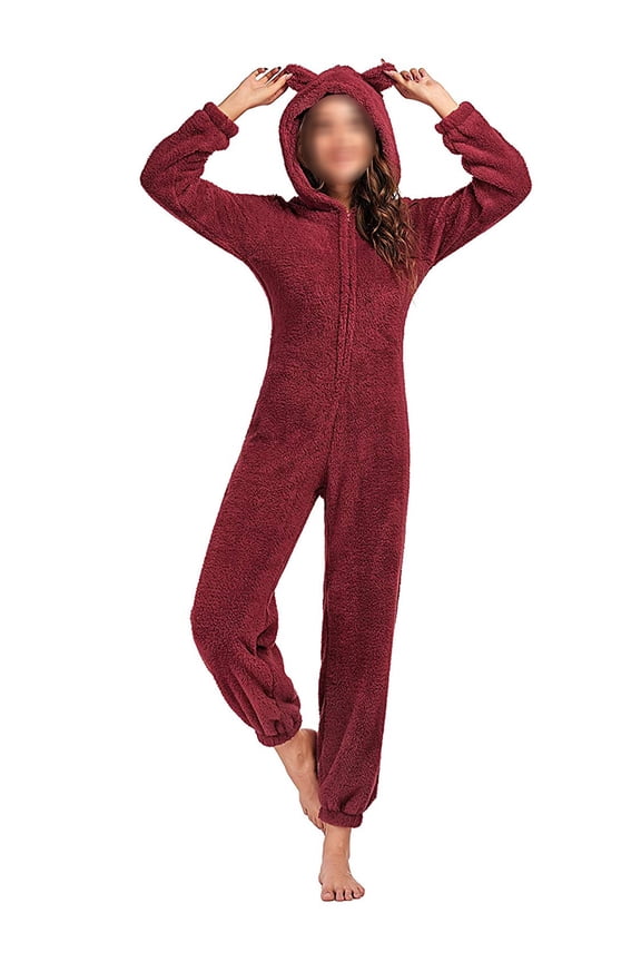 Women One Piece Fleece Pajamas Jumpsuit Cartoon Bear Hooded Fuzzy Warm Sherpa Romper Sleepwear