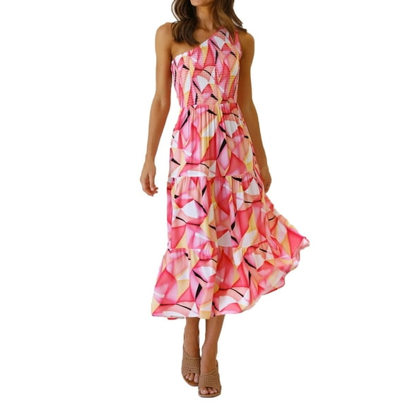 Aunavey Women Summer One-Shoulder Sleeveless Smocked Dress Flowy Tiered Beach Swing Long Dress