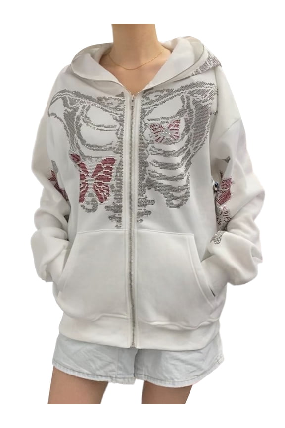 Women Y2K Oversized Zip Up Hoodie Graphic Skeleton Skull Gothic Sweatshirt Hooded Jacket