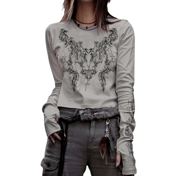 Aunavey Women Y2k Vintage Long Sleeve Crop Top Gothic Grunge Blouse Aesthetic Harajuku T-Shirt with Thumb Holes
