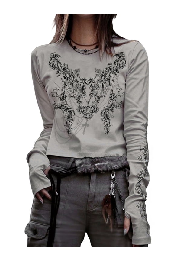 Women Y2k Vintage Long Sleeve Crop Top Gothic Grunge Blouse Aesthetic Harajuku T-Shirt with Thumb Holes