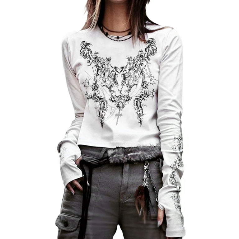 Aunavey Women Y2k Vintage Long Sleeve Crop Top Gothic Grunge