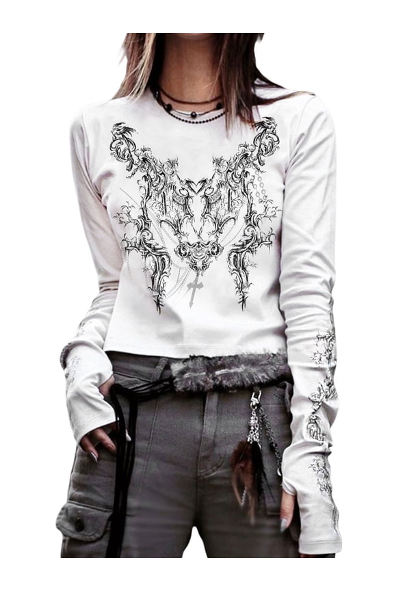 Women Y2k Vintage Long Sleeve Crop Top Gothic Grunge Blouse Aesthetic Harajuku T-Shirt with Thumb Holes
