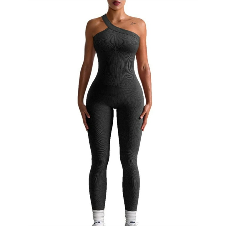 Women Solid Yoga Ribbed Tummy Control Jumpsuit, Slant Shoulders Workout  Jumpsuit, Women's Activewear