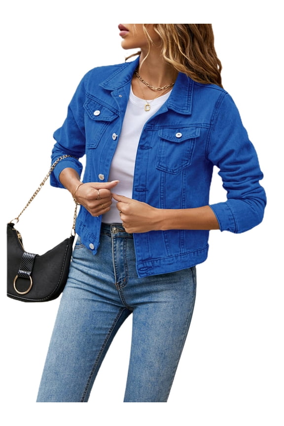 Women's Basic Button Down Long Sleeve Stretchy Jean Trucker Denim Jacket