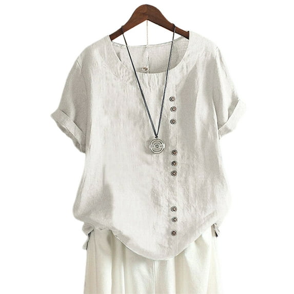 Aunavey Women's Cotton Linen T-Shirts Short Sleeve Tunic Tops Casual Loose Blouse