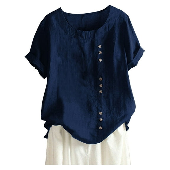 Aunavey Women's Cotton Linen T-Shirts Short Sleeve Tunic Tops Casual Loose Blouse