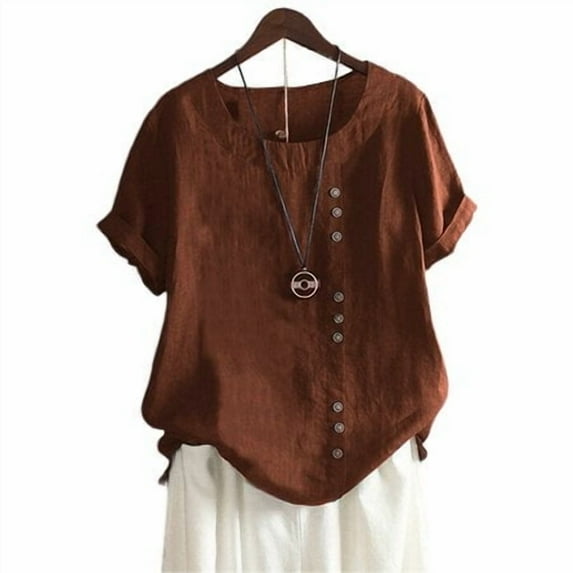 Aunavey Women's Cotton Linen T-Shirts Short Sleeve Tunic Tops Casual Loose Blouse