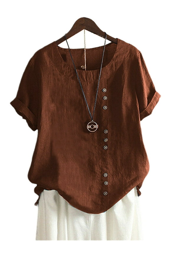 Women's Cotton Linen T-Shirts Short Sleeve Tunic Tops Casual Loose Blouse