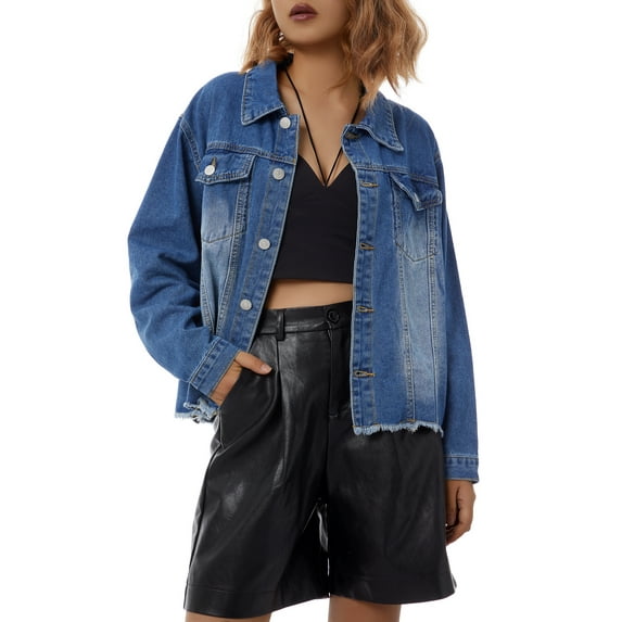 Aunavey Women's Jean Jacket Frayed Washed Button Up Cropped Denim Jacket With Pockets
