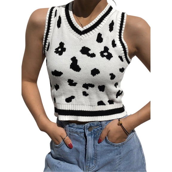 Aunavey Women's Knit Sweater Vest Y2K E-Girls Preppy Style 90s Sleeveless Crop Knitwear Tank Top