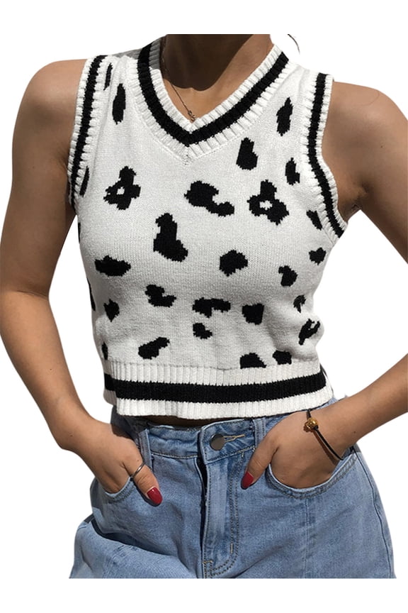 Women's Knit Sweater Vest Y2K E-Girls Preppy Style 90s Sleeveless Crop Knitwear Tank Top