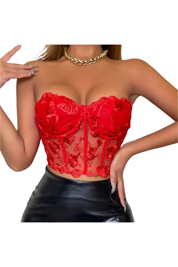 Women's Lace Bra Strapless Corset Tube Crop Top Bustier Sheer Casual Blouse Tank Bustier