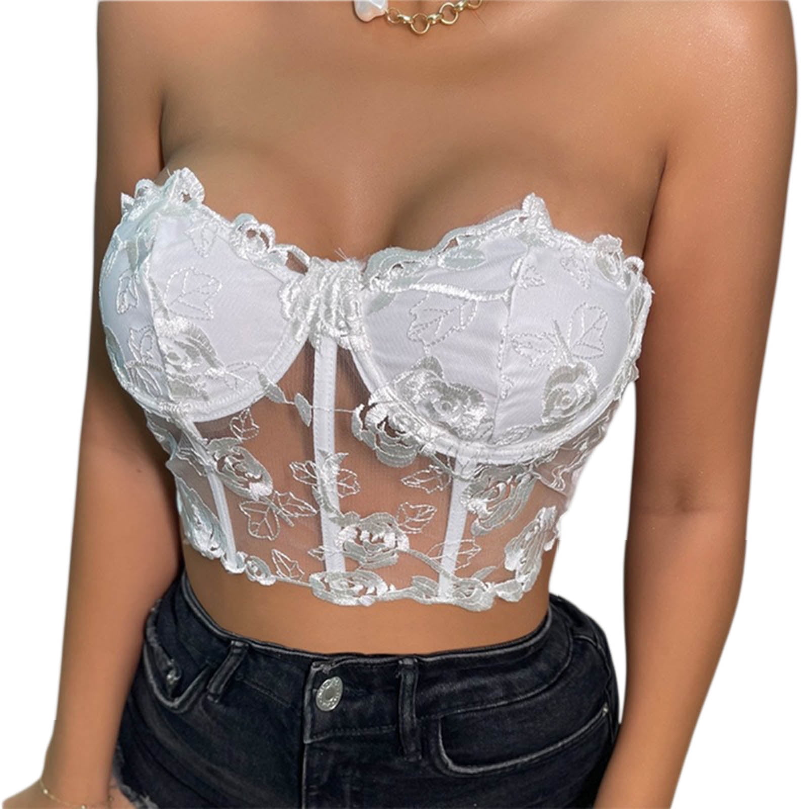 Douhoow Women Bustier Bra Buttons Cropped Top Sweet White Lace Transparent  Bralette Vest Bra Top 