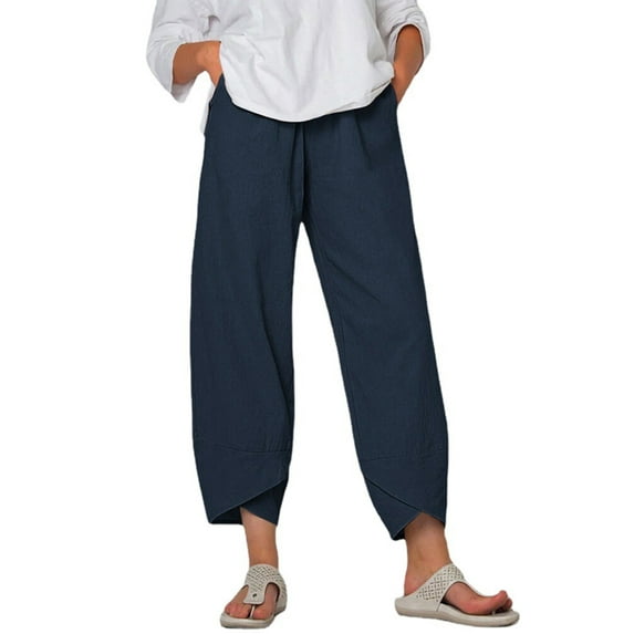 Aunavey Women's Linen Capri Pants Loose Cropped Wide Leg Pants Floral Lightweight Trousers with Pockets
