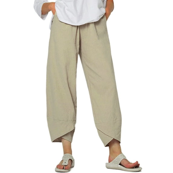 Aunavey Women's Linen Capri Pants Loose Cropped Wide Leg Pants Floral Lightweight Trousers with Pockets