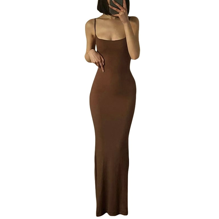 Aunavey Women's Maxi Bodycon Dress Spaghetti Strap Sleeveless Tight Slip  Long Cami Dresses 