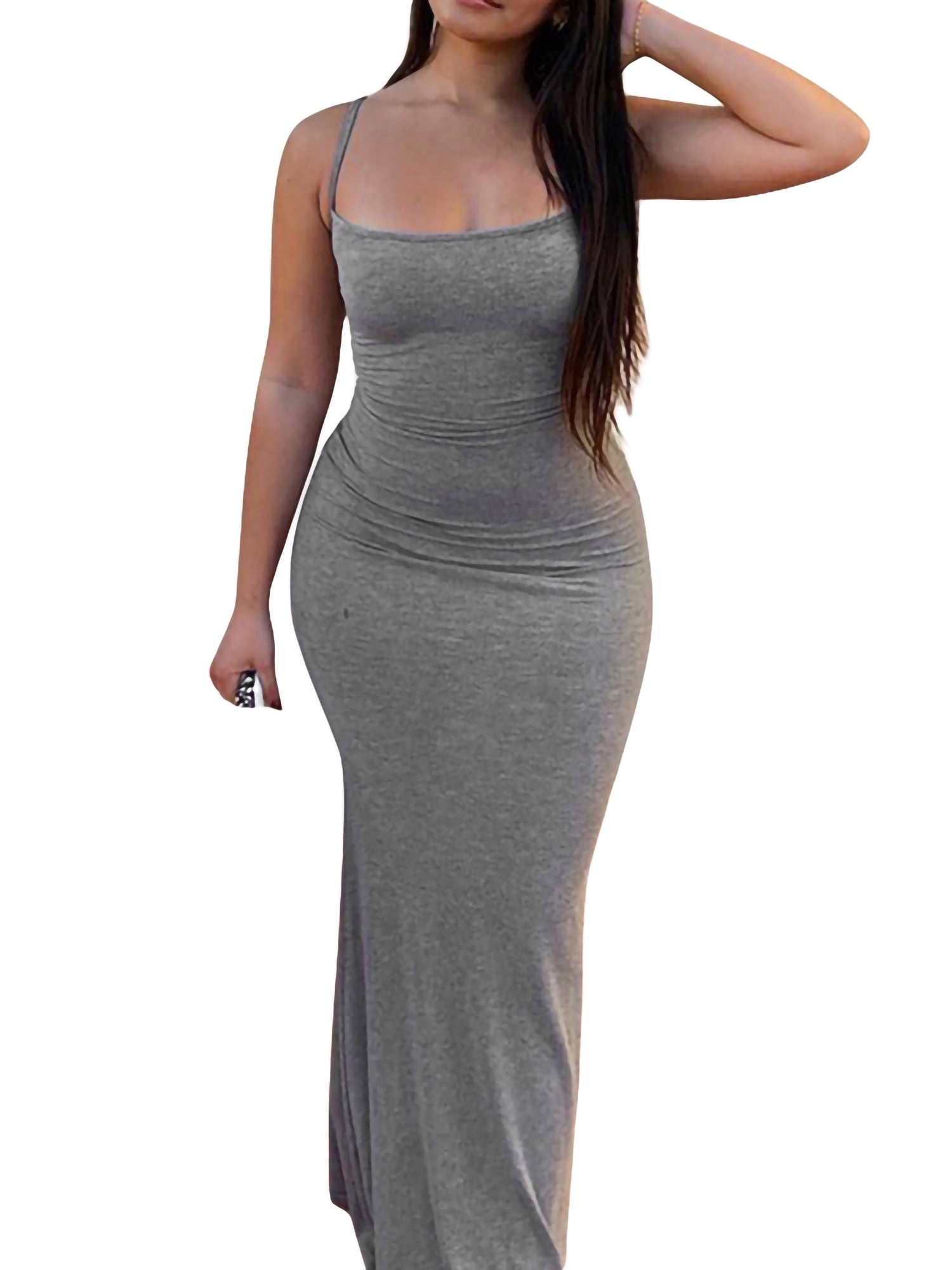 Aunavey Women's Maxi Bodycon Dress Spaghetti Strap Sleeveless Tight Slip  Long Cami Dresses