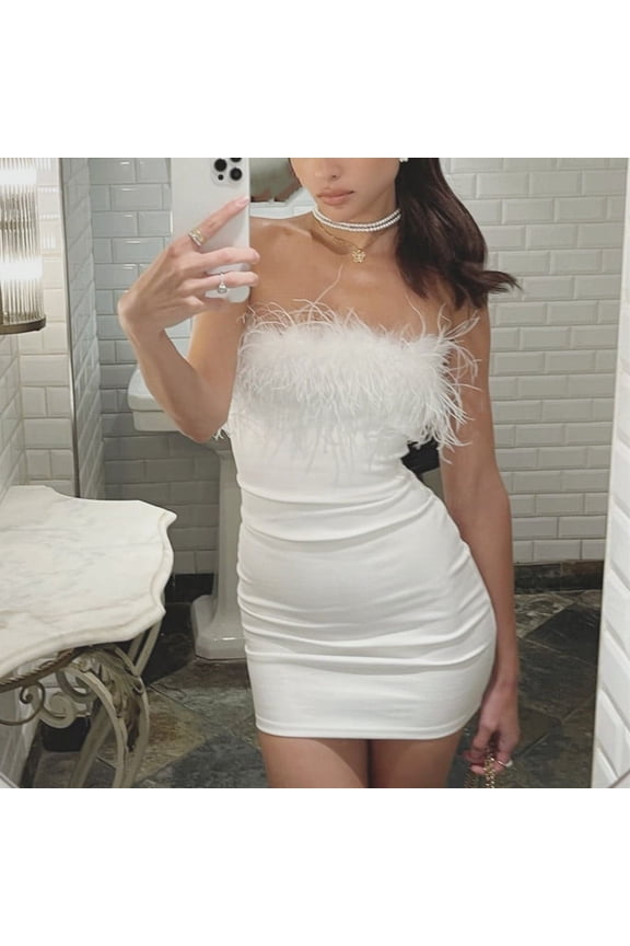 Women's Off Shoulder Feather Bandage Bodycon Black Cocktail Party Short MiniDress