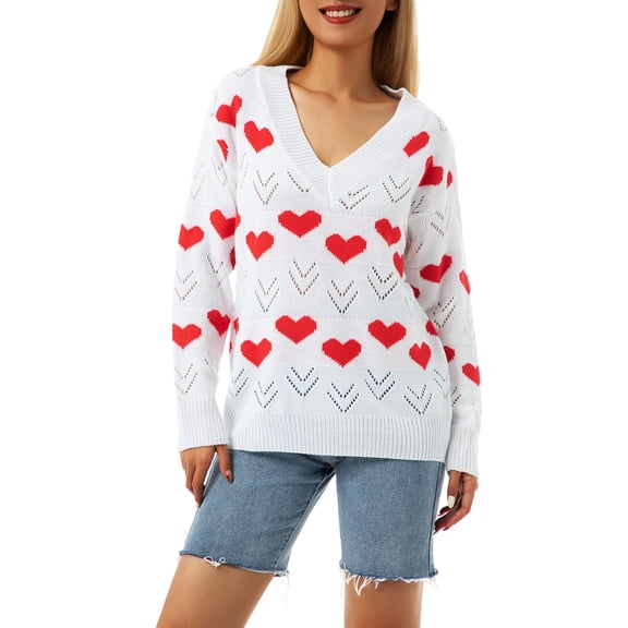 Aunavey Women's Pullover Sweaters Long Sleeve Crewneck Cute Heart Knitted Sweater Valentine's Day Jumper Top