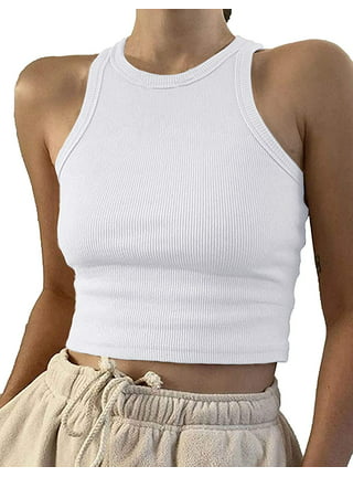 Womens Basic Sleeveless Racerback Crop Tank Top Rib-Knit Solid