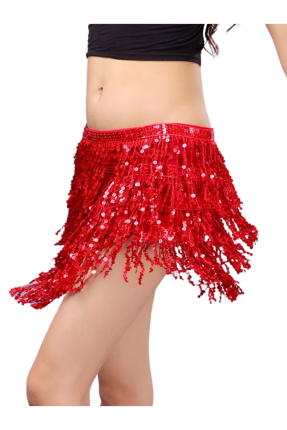 Women's Sequin Skirt Glitter Belly Dance Hip Skirt Tassel Scarf Rave Skirt Wrap Party Costume