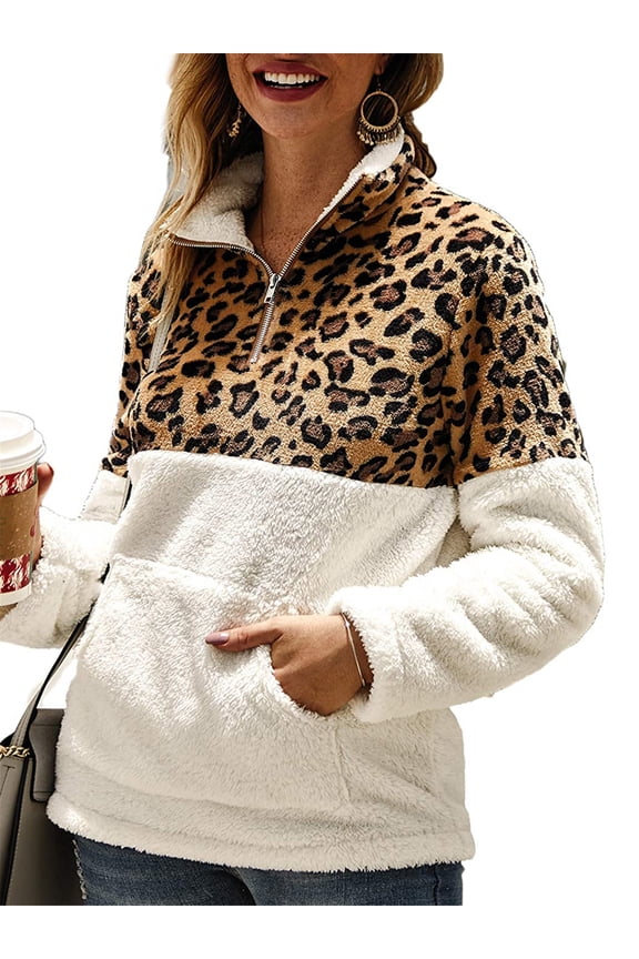 Women's Sherpa Sweatshirt 1/4 Zipper Fleece Pullovers Warm Thermal Fuzzy Coat Leopard Print