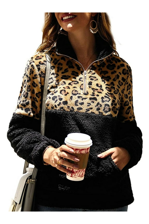 Women's Sherpa Sweatshirt 1/4 Zipper Fleece Pullovers Warm Thermal Fuzzy Coat Leopard Print