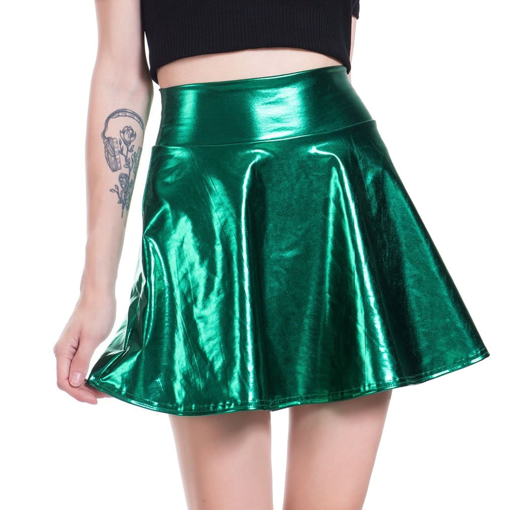 Aunavey Women s Shiny Metallic Wet Look Stretchy Flared Mini Skater Skirt Holographic Skirt Walmart