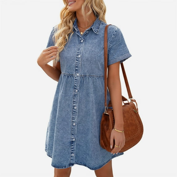Aunavey Women's Short Sleeve Button Down Flowy Tiered Babydoll Denim Dress