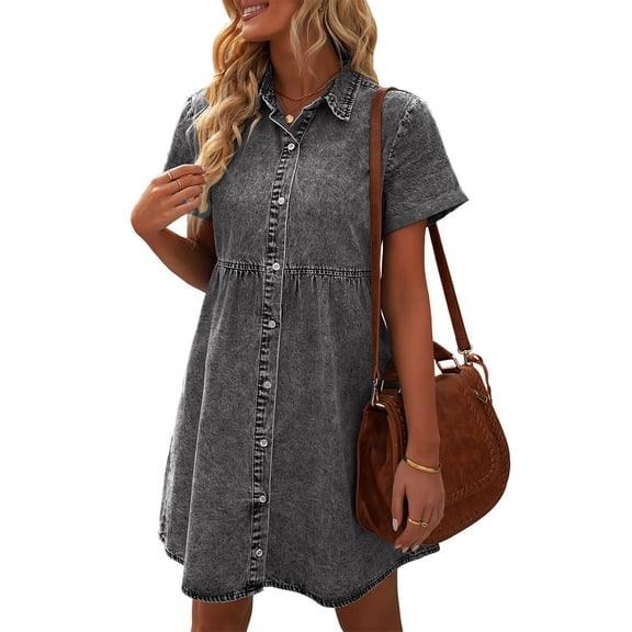 Aunavey Women's Short Sleeve Button Down Flowy Tiered Babydoll Denim Dress