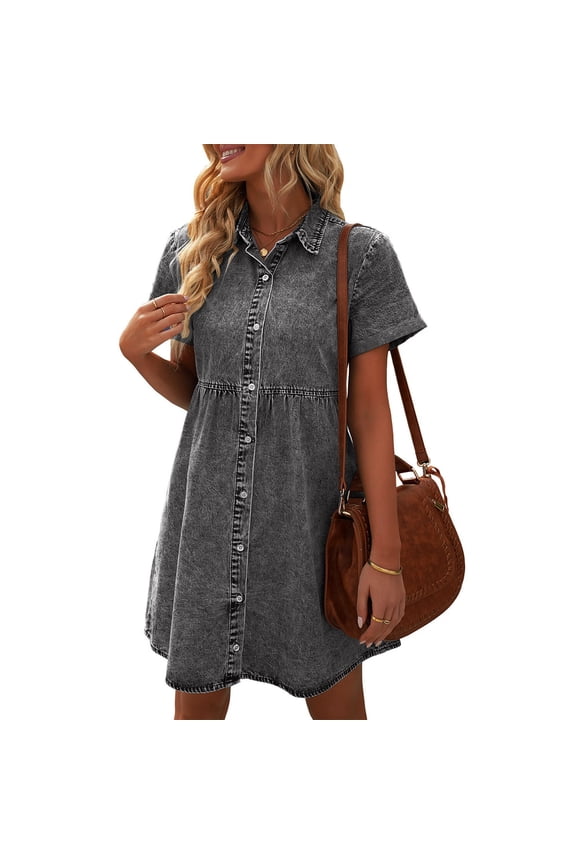 Women's Short Sleeve Button Down Flowy Tiered Babydoll Denim Dress