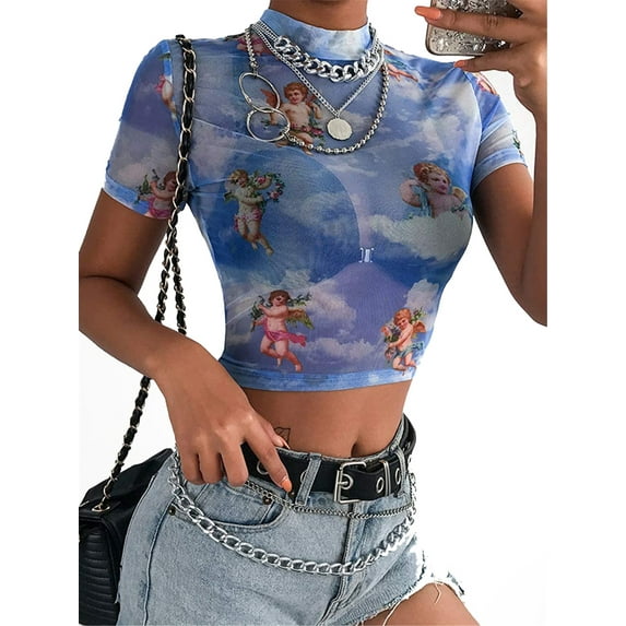 Aunavey Women's Short Sleeve Mock Neck See Through Crop Top Angel Print Sheer Mesh T-shirt