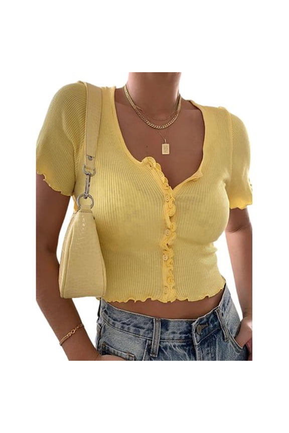 Women's V Neck Crop Tops Short Sleeve Button Down Ruffle Trim Knit Cotton Cropped Cardigan for Women
