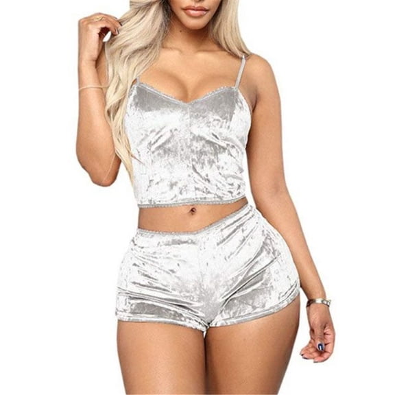 Aunavey Women's Velvet 2 Piece Outfit Spaghetti Strap Sleeveless Crop Top+ Shorts Set