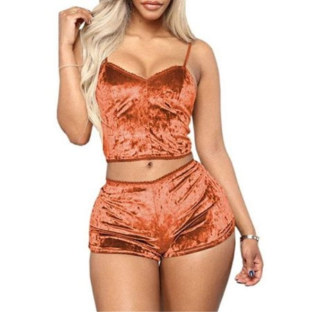 Aunavey Women's Velvet 2 Piece Outfit Spaghetti Strap Sleeveless Crop Top+ Shorts Set