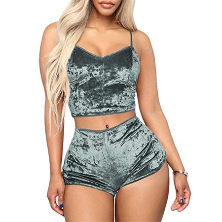 Aunavey Women's Velvet 2 Piece Outfit Spaghetti Strap Sleeveless Crop Top+ Shorts Set