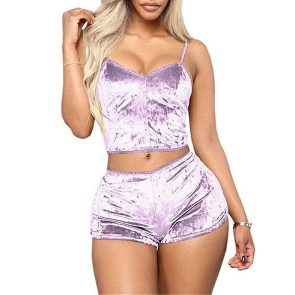 Aunavey Women's Velvet 2 Piece Outfit Spaghetti Strap Sleeveless Crop Top+ Shorts Set