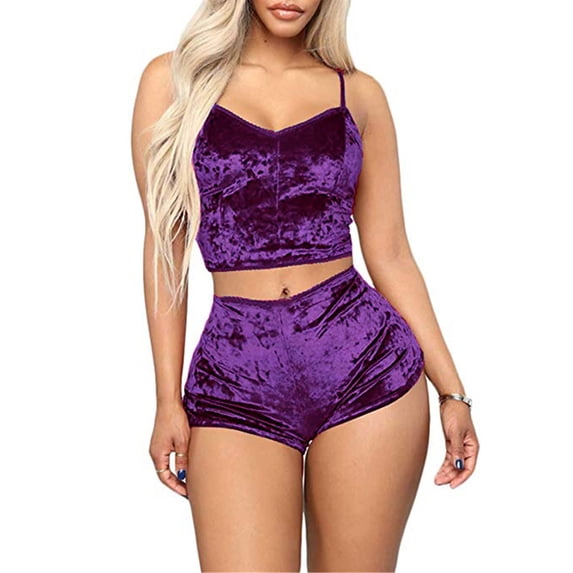 Aunavey Women's Velvet 2 Piece Outfit Spaghetti Strap Sleeveless Crop Top+ Shorts Set